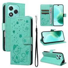 For Honor 400 Lite Cat and Bee Embossed Flip Leather Phone Case(Green)
