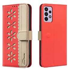 For Samsung Galaxy A32 4G Splicing Color Hollow Flower Pattern RFID Leather Phone Case(Red)