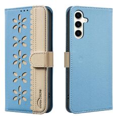 For Samsung Galaxy A35 5G Splicing Color Hollow Flower Pattern RFID Leather Phone Case(Baby Blue)