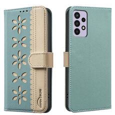 For Samsung Galaxy A52 / A52S Splicing Color Hollow Flower Pattern RFID Leather Phone Case(Green)