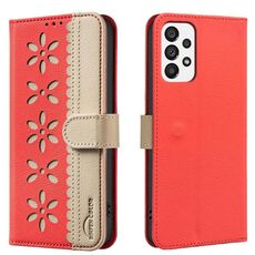 For Samsung Galaxy A73 Splicing Color Hollow Flower Pattern RFID Leather Phone Case(Red)