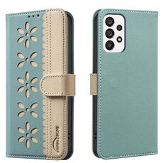 For Samsung Galaxy A73 Splicing Color Hollow Flower Pattern RFID Leather Phone Case(Green)