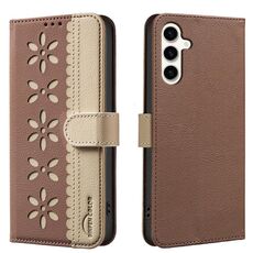 For Samsung Galaxy S23+ 5G Splicing Color Hollow Flower Pattern RFID Leather Phone Case(Brown)
