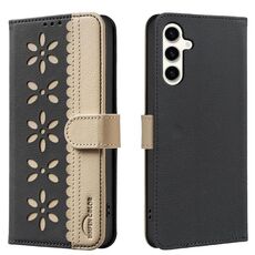 For Samsung Galaxy S25 / S24 5G Splicing Color Hollow Flower Pattern RFID Leather Phone Case(Black)