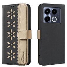 For Infinix Note 40 4G Splicing Color Hollow Flower Pattern RFID Leather Phone Case(Black)