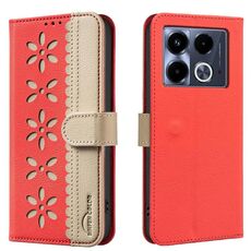 For Infinix Note 40 4G Splicing Color Hollow Flower Pattern RFID Leather Phone Case(Red)
