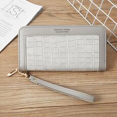 Portafoglio da donna con cerniera singola Portafoglio lungo Portamonete in coccodrillo Pochette da studente (Grigio chiaro)