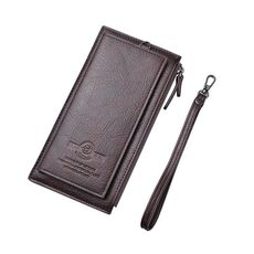 DEABOLAR Portafoglio lungo da uomo retrò PU in morbida pelle con cinturino a mano Borsa per cellulare (marrone scuro)