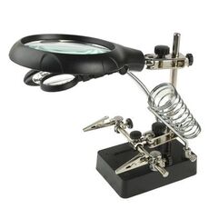 Lente d'ingrandimento a clip ausiliaria a 5 LED AC/DC intercambiabile con supporto per saldatura e due lenti d'ingrandimento, spina UE (argento)