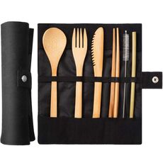 2 pezzi da viaggio creativi bambù paglia stoviglie coltelli forchetta cucchiaio bacchette set con sacchetto di stoffa (nero)