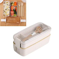 750ml Materiale sano Paglia di grano Contenitore per il pranzo a 2 strati Stoviglie Conservazione degli alimenti Contenitore per bento Contenitore per il pranzo a microonde (Beige)