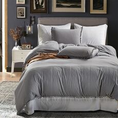 Set biancheria da letto principessa con federa in tessuto decorativo in microfibra lavato palla, dimensioni: re （due federa e una trapunta） (grigio chiaro)