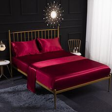 Home Set di lenzuola con lenzuolo piatto in quattro pezzi di seta di simulazione di seta del ghiaccio, dimensioni: US-Queen / UK-K: 153x203x40cm (rosso vino)