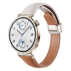 Cinturino per orologio in vera pelle con fibbia magnetica pieghevole, sottile, da 18 mm, con trama Litchi (bianco e marrone)