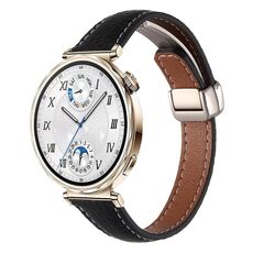 Cinturino per orologio in vera pelle con fibbia magnetica pieghevole, sottile, da 18 mm, con trama Litchi (nero)