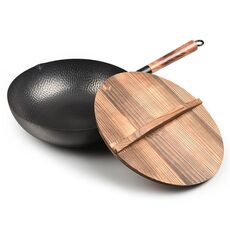 32 cm con copertura in legno Padella wok non rivestita fatta a mano tradizionale vintage