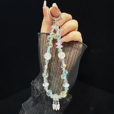 Catena per cellulare con perline di cristallo in lamina d'oro acchiappasogni (bianca)
