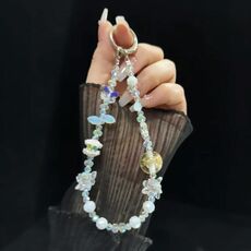 Perline di fiori secchi, cristallo a farfalla, catena per cellulare (bianca)