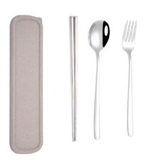 3 pz/set Stoviglie portatili in acciaio inossidabile Set creativo Bacchette Cucchiaio Forchetta Regalo, Colore:Acciaio