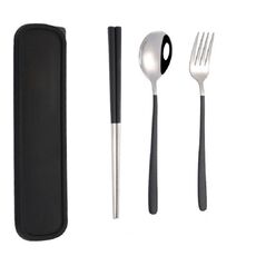 3 pezzi/set stoviglie portatili in acciaio inossidabile set creativo bacchette cucchiaio forchetta regalo, colore: nero
