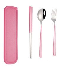 3 pezzi/set stoviglie portatili in acciaio inossidabile set creativo bacchette cucchiaio forchetta regalo, colore: rosa