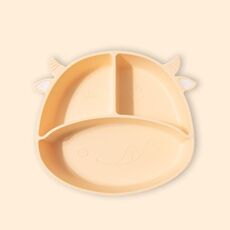 M010094 Piatto piano in silicone per bambini Ciotola per mangiare anti-caduta grigliata Ciotola per ventosa antiscivolo per alimenti complementari per bambini (mucca-beige)