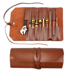 CL97 Toolkit multi-funzione Borsa per utensili in pelle in pelle con doppia borsa per chiave a due usi addensati (marrone)