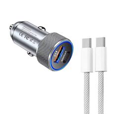 Caricabatteria da auto USB P19 Metal PD20W USB-C + QC18W con cavo dati da USB-C a USB-C per iPhone serie 15 (grigio argento)