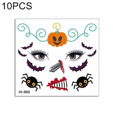 10 pz Adesivi per il trasferimento dell'acqua Bambini Cartoon Halloween Adesivi del tatuaggio divertenti di Halloween Decorazione dell'orrore Adesivi del fronte (FK-002)