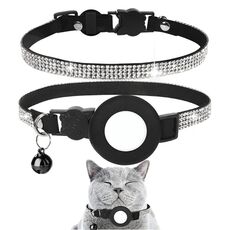 Collare per animali domestici con strass con campana per custodia Airtag Tracker (bianco diamante nero)