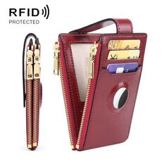 Portamonete con portamonete RFID in pelle cerata a due strati con cerniera per AirTag (rosso vino)