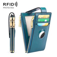 Portamonete RFID con cerniera in pelle cerata a due strati con porta carte di credito per AirTag (blu pavone)