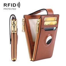 Portamonete con portamonete RFID in pelle cerata a due strati con cerniera per AirTag (marrone retrò)