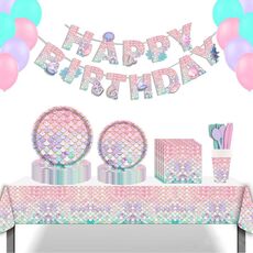 9 in 1 Forniture per feste di compleanno con sirena a squame di pesce Set di posate per piatti di carta velina (vestito da 16 persone)