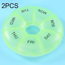 2 pezzi rotondi 7 giorni color arcobaleno portapillole portatile in plastica a sette griglie (verde chiaro)