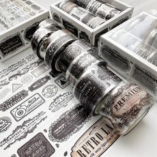 Set di 8 rotoli/scatola di nastri in PET trasparente stile antico per journaling 3 cm x 2+2 cm x 2+1,5 cm x 4 (modello badge)