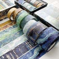Set di 8 rotoli/scatola di nastri in PET trasparente stile antico per journaling 3 cm x 2+2 cm x 2+1,5 cm x 4 (Van Gogh)