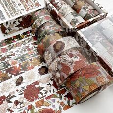 Set di 8 rotoli/scatola di nastri in PET trasparente stile antico per journaling 3 cm x 2+2 cm x 2+1,5 cm x 4 (fiori fioriti)