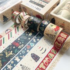 Set di nastri Washi in lamina d'oro natalizia da 8 rotoli/scatola per journaling e artigianato fai-da-te 3 cm x 2+1,5 cm x 4+1 cm x 2