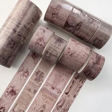 Set da 4 rotoli di nastro adesivo Washi combinato retrò per diari e lavori creativi, 3 cm x 1 + 2 cm x 3, Stile: Manoscritto Da Vinci