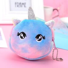 Mini borsa portatile colorata rotonda in peluche portamonete con rossetto e cavo dati, stile: unicorno con occhi grandi