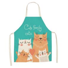 Grembiule senza maniche in lino con coppia di gatti dei cartoni animati, tuta per la pulizia dei mobili da cucina, modello: W-01402 (68 x 55 cm)