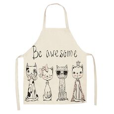 Grembiule senza maniche in lino con coppia di gatti dei cartoni animati, tuta per la pulizia dei mobili da cucina, modello: W-01403 (68 x 55 cm)