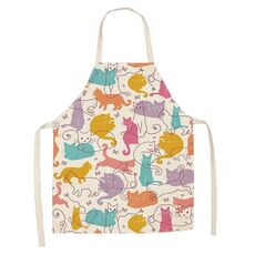 Grembiule senza maniche in lino con coppia di gatti dei cartoni animati, tuta per la pulizia dei mobili da cucina, modello: W-01404 (68 x 55 cm)