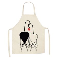 Grembiule senza maniche in lino con coppia di gatti dei cartoni animati, tuta per la pulizia dei mobili da cucina, modello: W-01410 (68 x 55 cm)