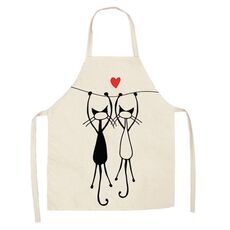 Grembiule senza maniche in lino con coppia di gatti dei cartoni animati, tuta per la pulizia dei mobili da cucina, modello: W-01411 (68 x 55 cm)