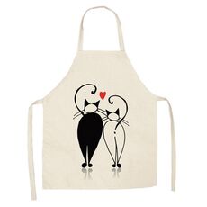 Grembiule senza maniche in lino con coppia di gatti dei cartoni animati, tuta per la pulizia dei mobili da cucina, modello: W-01412 (68 x 55 cm)