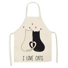 Grembiule senza maniche in lino con coppia di gatti dei cartoni animati, tuta per la pulizia dei mobili da cucina, modello: W-01414 (47 x 38 cm)