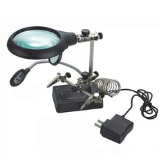Lente d'ingrandimento a clip ausiliaria a 5 LED AC/DC intercambiabile con supporto per saldatura e due lenti d'ingrandimento, spina USA (argento)