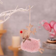 Decorazioni per feste a forma di alce in peluche in legno per albero di Natale (rosa)
